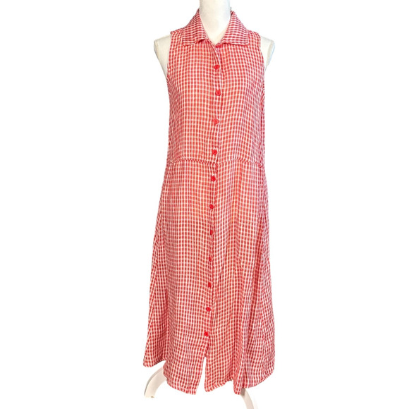 FLAX Linen Midi Dress Size Small Red Shift Coastal Sleeveless Tank Lagenlook - Picture 9 of 10